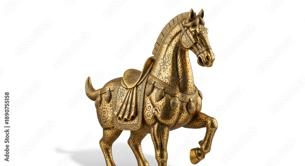Fototapeta premium Ornate golden equine statue displays detailed traditional craftsmanship against a white background.