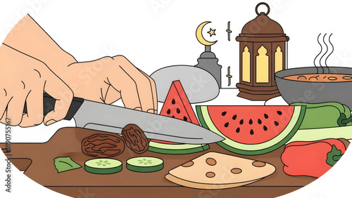 Hand Cutting Fresh Watermelon on Chopping Board.