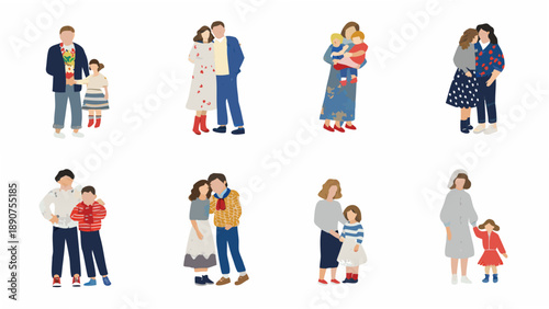Diverse families embracing and standing together in a minimalist illustration style
