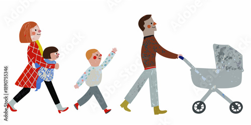 A family with a mother father and three children walking together