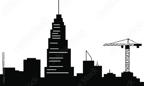 Modern city skyline silhouette with skyscraper and construction crane, urban development architecture concept, industrial cityscape isolated on white background