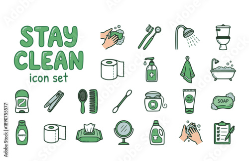 Hygiene Clean Personal Care Washing Health Bathroom Sanitation Vector Icon Set - Cleanliness Routine Fresh