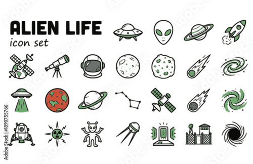 Alien Space UFO Extraterrestrial Planet Galaxy Sci-Fi Astronaut Vector Icon Set - Cosmic Universe Spaceship