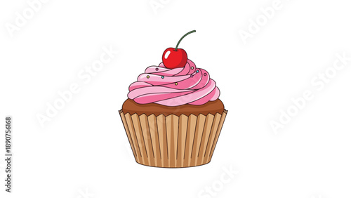 Cheerful vector graphic portraying a delectable cupcake with a brown wrapper, rich cake base, vibrant pink swirled frosting, shiny red cherry,