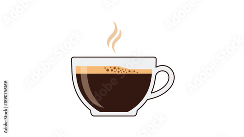 Minimalist vector illustration of a steaming hot coffee cup with dark liquid and golden crema, conveying warmth and energy.