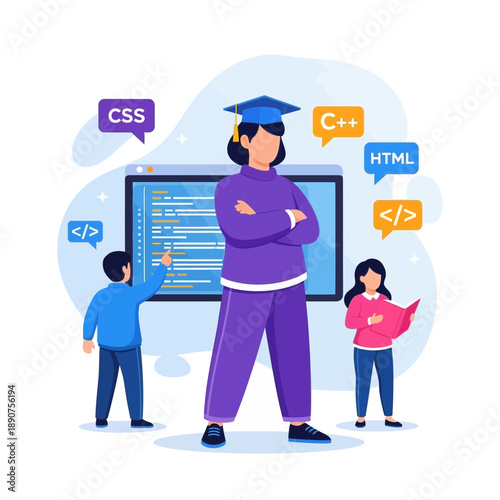 Illustration of students and a teacher in a coding classroom with a computer screen and programming language symbols
