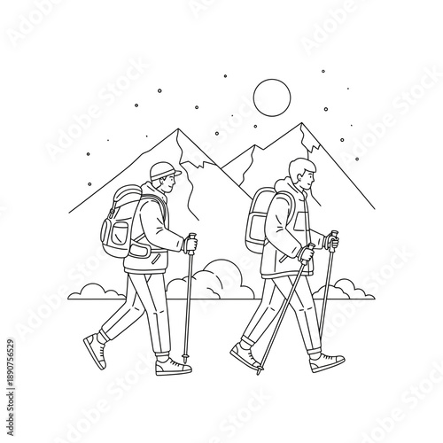 Two people hiking in the mountains at night with backpacks and walking sticks