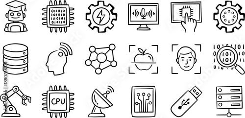 Hand-drawn line-art technology icons set for education and presentations (doodle style) - ideal for UI design, websites and tech tutorials