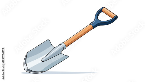 A sturdy cartoon garden shovel with a classic wooden handle and a blue ergonomic grip is prominently displayed on a clean white background, ready