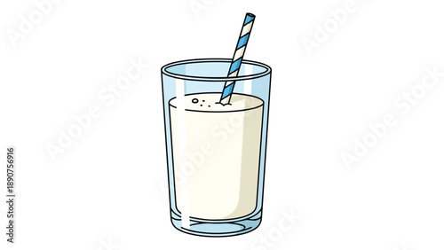 Refreshing glass of milk with a blue striped straw for healthy hydration and simple beverage enjoyment. Ideal for daily nutritional content.
