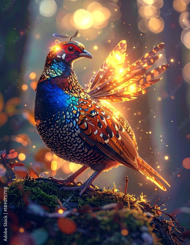 Fototapeta premium Beautiful wild forest quail displays extraordinarily colorful feathers, symbolizing elegance, camouflage, biodiversity, and woodland harmony.