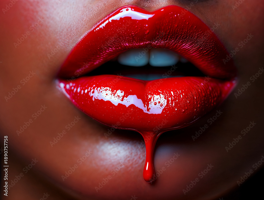 Obraz premium Close-up of sensual dark skin lips with vibrant red glossy lipstick and a captivating liquid drip, highlighting allure and beauty.