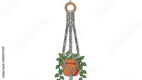 A detailed illustration of a handcrafted macrame plant hanger featuring a lush green trailing houseplant nestled in a warm terracotta pot, bringing