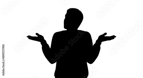Silhouette of a person shrugging with palms up expressing uncertainty or confusion on a white background