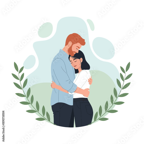 Couple embracing in a romantic gesture with leaves around them