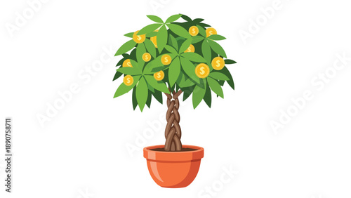 A vibrant illustrated money tree growing in a terracotta pot, symbolizing financial prosperity and steady investment growth in a digital age,