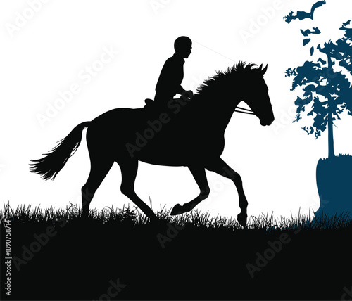 Black silhouette of a person riding a horse at a trot through a grassy field with a stylized blue tree in the background, conveying motion and nature