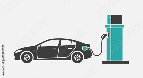Simple Graphic of an Electric Vehicle Charging at a Station – White Background, Left‑Facing Sedan, Teal Tower, Cable Connection