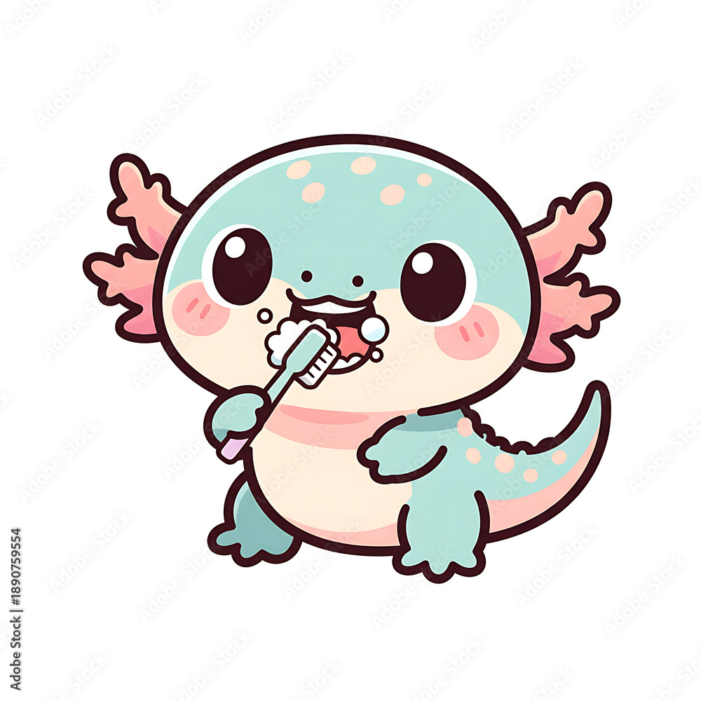 Obraz premium Cute Axolotl Brushing Teeth Version