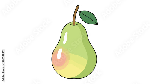 Vibrant green pear illustration featuring natural contours, a fresh leaf, and slender stem on a pristine white background. Perfect for healthy