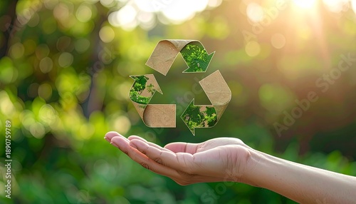 Hand holding a paper-made recycle symbol against blurred, green background. Sunlight effect