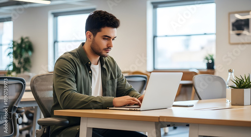 Focused male entrepreneur sitting at a wooden desk typing on a laptop keyboard in a spacious coworking environment with large windows
