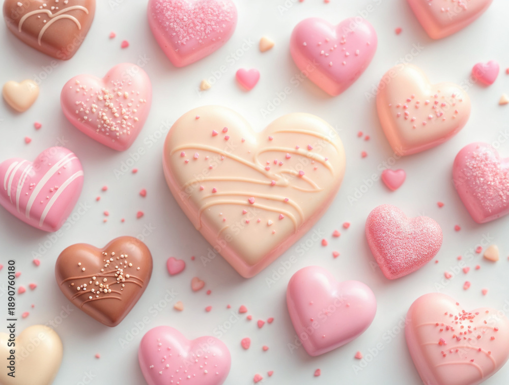Obraz premium Sweet Assortment of Heart-Shaped Chocolates and Candies with Sprinkles on White Background - Perfect for Valentine's Day or Romantic Celebrations