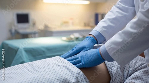 Doctor performing abdominal palpation during medical examination in hospital, close-up of the hands on the patient's abdomen