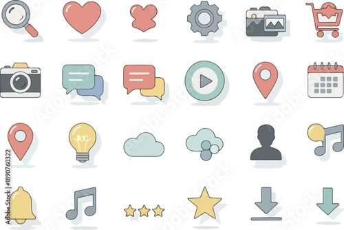 Essential flat design vector icons in a soft pastel color scheme, perfect for modern web, mobile, and user interface graphic design projects
