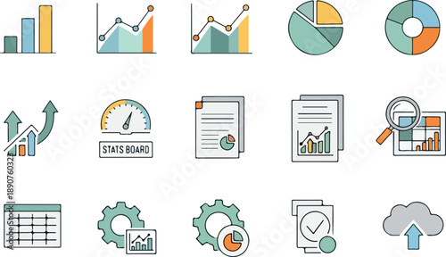 A comprehensive collection of modern flat design vector icons illustrating various aspects of data analysis, business growth, financial reporting, and administrative tools for insightful management