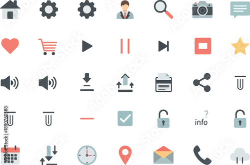 Modern flat design UI icons collection for web and mobile applications. Essential symbols for intuitive navigation, interaction, and a streamlined digital user experience