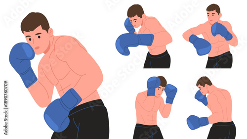 set of a muscular male boxer wearing boxing gloves in various fighting, defense, and punching poses. Ideal for boxing training concepts, combat sports, fitness themes, gym promotion, posters, app