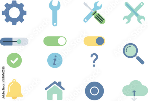 A versatile collection of modern flat design user interface icons, offering essential tools, settings, and interactive controls for web and mobile application development and digital projects