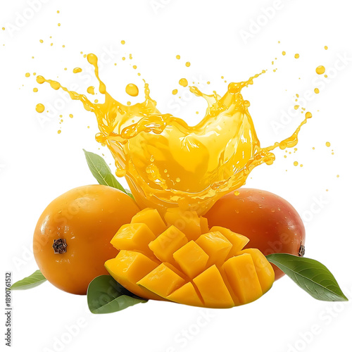 Fresh mango splash with cubes isolated on transparent background
