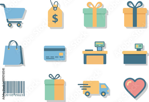 Modern flat design icon collection for e-commerce, online shopping, and retail services, featuring elements for delivery, payment, gifts, and customer experience