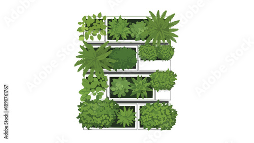 Dynamic vertical garden overhead with diverse green plants in elegant modular planters