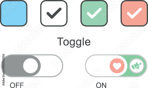 Essential user interface elements including interactive checkboxes and versatile toggle switches for modern application and web design projects