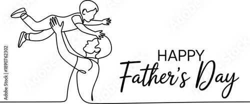 Happy Father’s Day continuous line illustration showing loving dad lifting child with modern minimal outline style isolated on white background for greeting card design