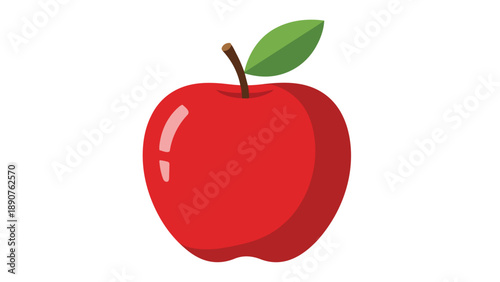 Vibrant red apple illustration with glossy skin and fresh green leaf on a clean white background