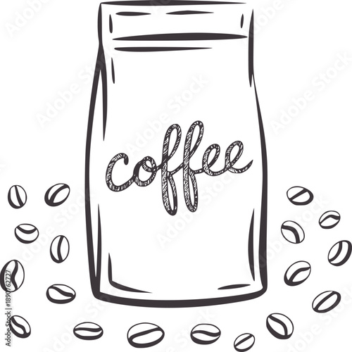 Black and of a coffee bag with scattered beans beverage