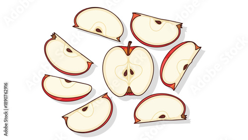 Vector art showcases a lively scattering of fresh red apple slices and a perfectly bisected apple, its natural core and seeds visible on a clean