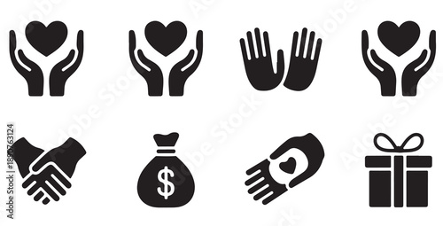 Kindness and generosity icons showing hands holding hearts money bag and gift for donation