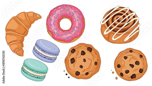 Delightful assortment of baked sweet treats and colorful desserts vector illustration