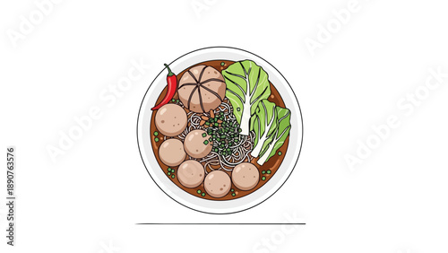 Delicious Asian noodle soup illustration featuring meatballs, vibrant green vegetables, and a spicy chili pepper