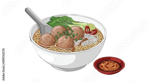 Authentic Indonesian bakso illustration with meatballs, noodles, greens, and chili. A delicious culinary experience in a vibrant digital artwork for