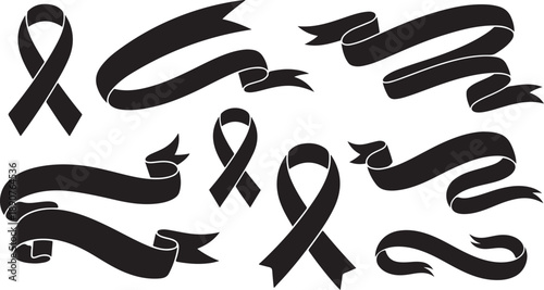 Black awareness ribbons on white background for support causes