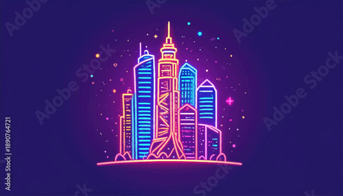 Neon city skyline at night with bright lights and sparkling stars, futuristic urban landscape illustration