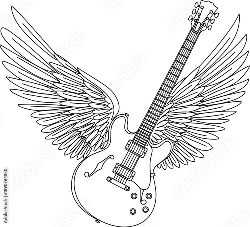 Black and White Line Art Vector Illustration of an Electric Hollow Body Guitar with Large Outspread Bird Wings for Rock Music and Creative Artistic Concepts