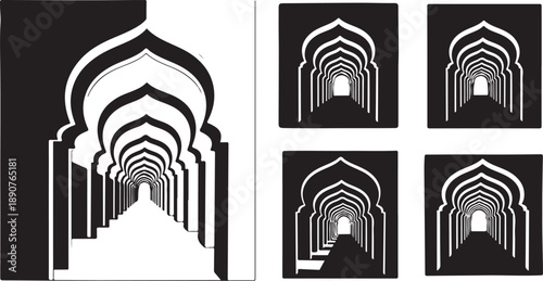 Black and white archway designs with multiple perspectives shown