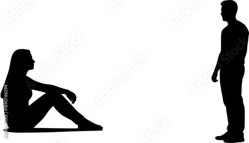 Minimalist black silhouettes of a man standing and a woman sitting on the floor, design for relationship blog graphics and social interaction presentations. Transparent EPS version.